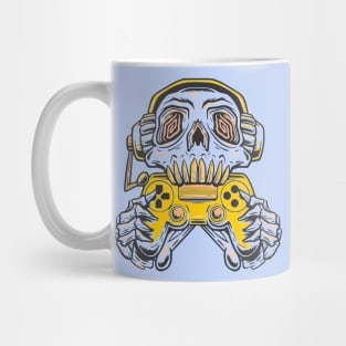 A skull gamer holding a yellow joystick controller and wearing headphone. Mug